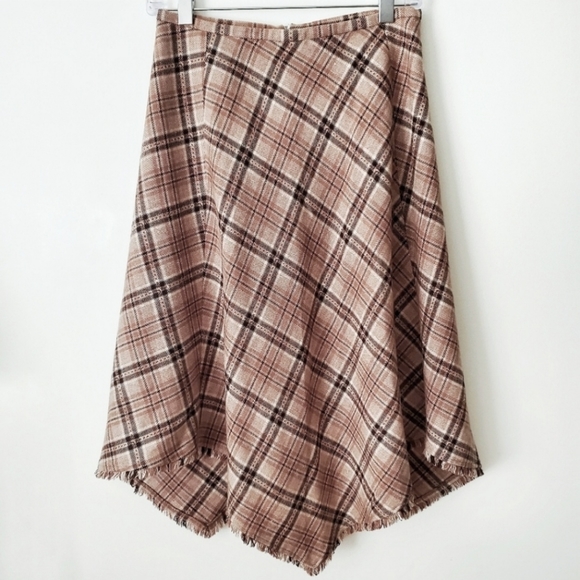 SIDE REAL Wool Asymmetric Skirt Plaid Brown Size 8 - Picture 1 of 7